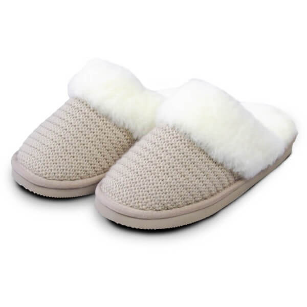 Art.Nr. 378 - Damen Lammfell-Pantoffel mit Strickoptik, beige
