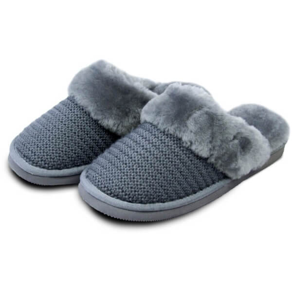 Art.Nr. 379 - Damen Lammfell-Pantoffel mit Strickoptik, anthrazit