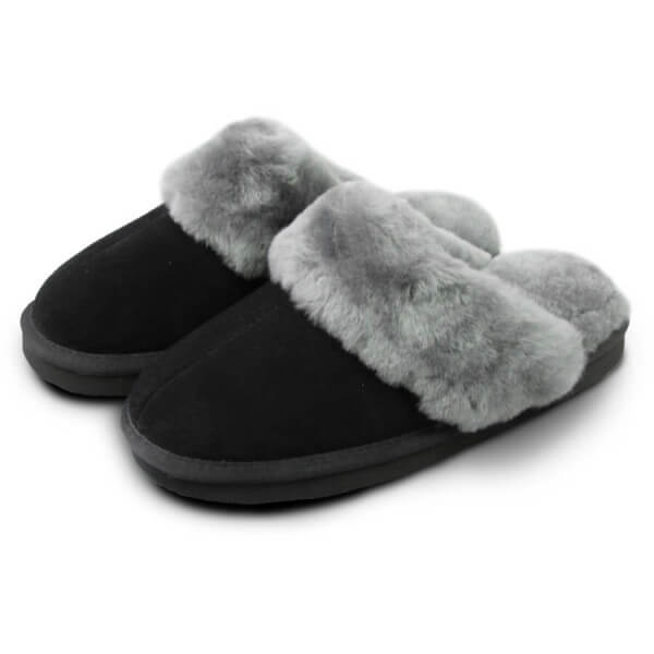 Art.-Nr. 380 - Lammfell-Pantoffeln mit Fellkragen, schwarz